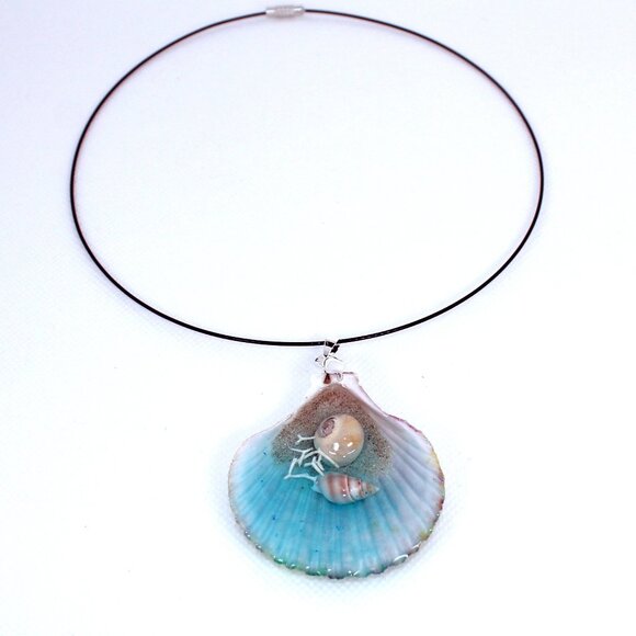 Reversible seascape necklace pendant handmade with Caribbean beach sand, sheli - Picture 2 of 4